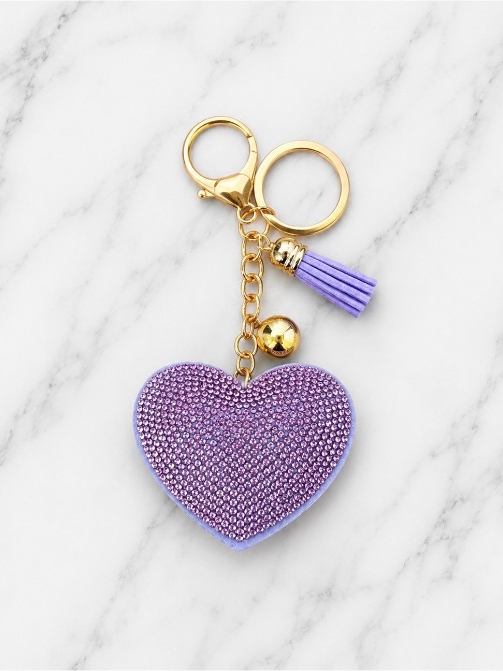 Bag Charm/Keyring-Purple Heart Rhinestone Charm with Tassel-Gold Hardware